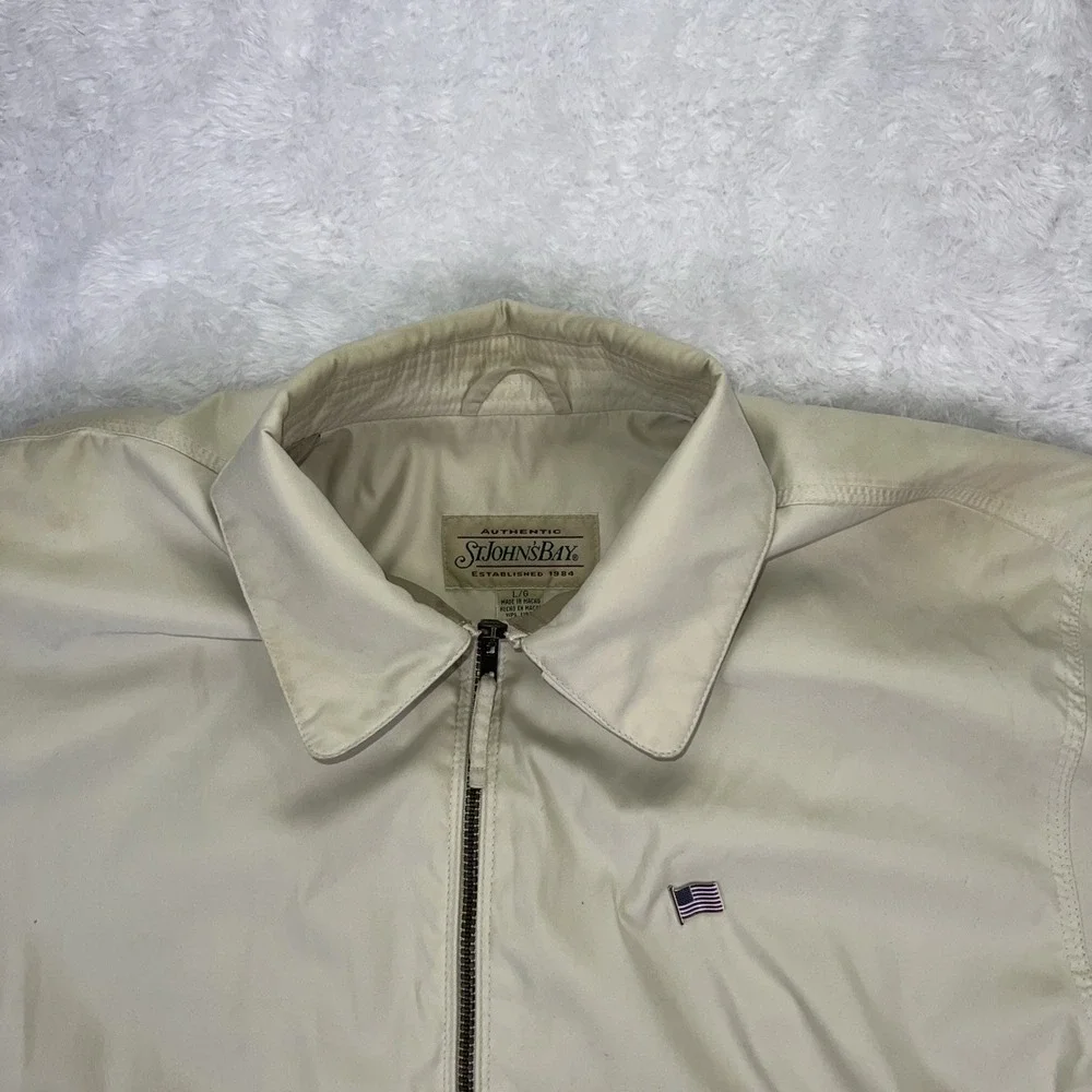 VTG 90s St John's Bay Men's Large FullZip Bomber‎ Jacket Tan Distressed +USA Pin